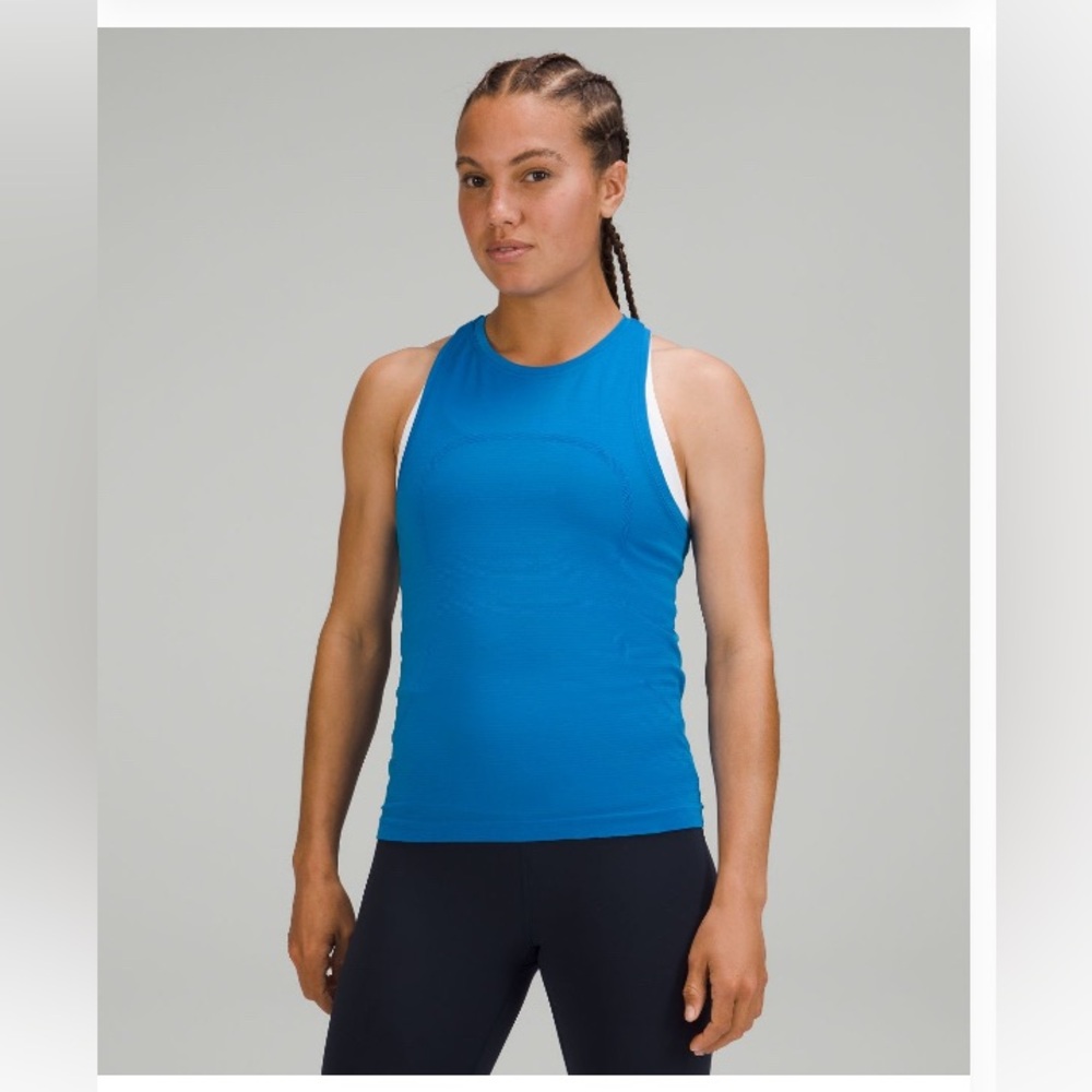 Lululemon Sz 8 swiftly take high neck racerback blue. Race waist length